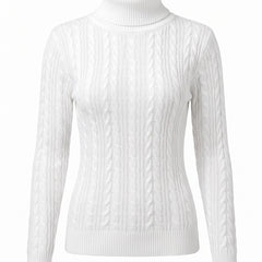 Women's white cable-knit turtleneck slim-fit sweater