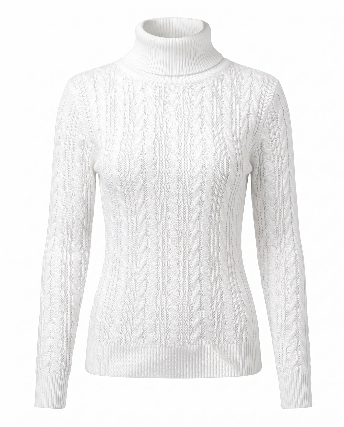 Women's white cable-knit turtleneck slim-fit sweater