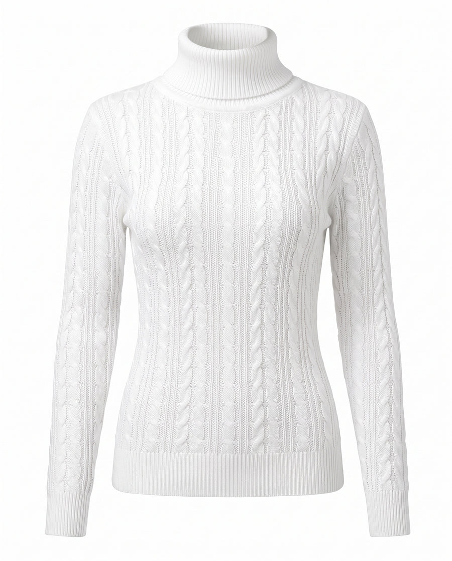 Women's white cable-knit turtleneck slim-fit sweater