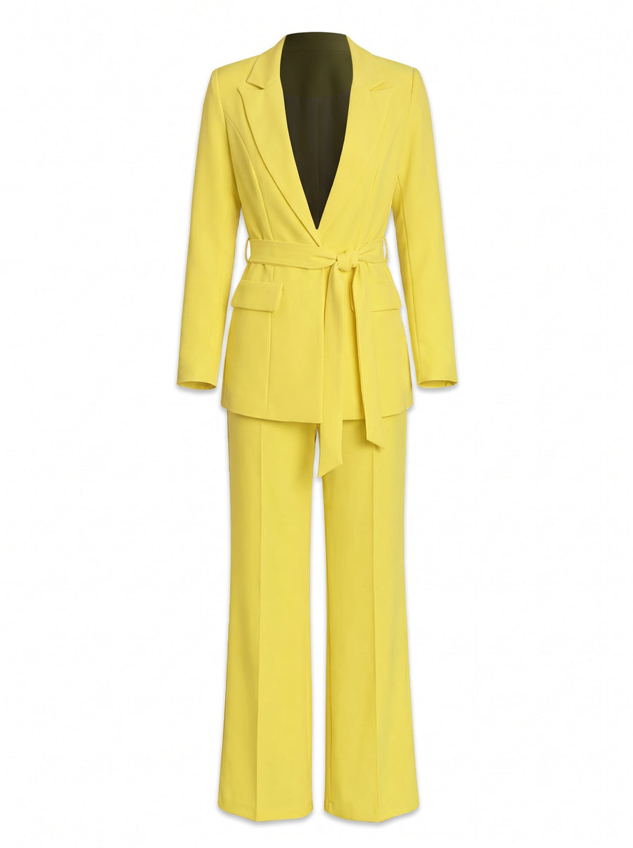 Women's tailored yellow blazer and wide leg trouser two piece suit set