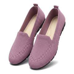 Women's breathable knit slip-on flats in purple, pair on white background