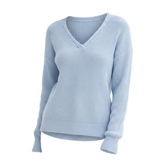 Light blue ribbed V-neck long-sleeve sweater ghost mannequin studio shot