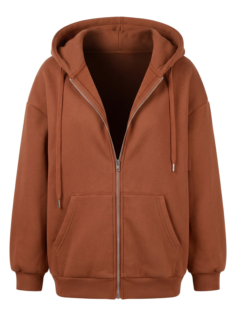 Cordelia-Colette women's oversized rust zip-up hoodie, studio product shot