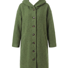 Judith-Celeste women's hooded button-front long trench coat in olive green, studio product shot