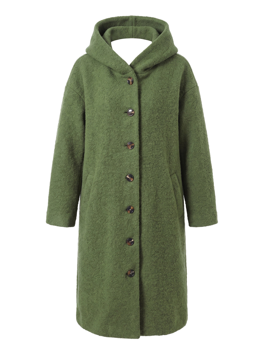 Judith-Celeste women's hooded button-front long trench coat in olive green, studio product shot