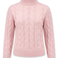Light pink cable knit turtleneck jumper, ghost mannequin studio shot on white