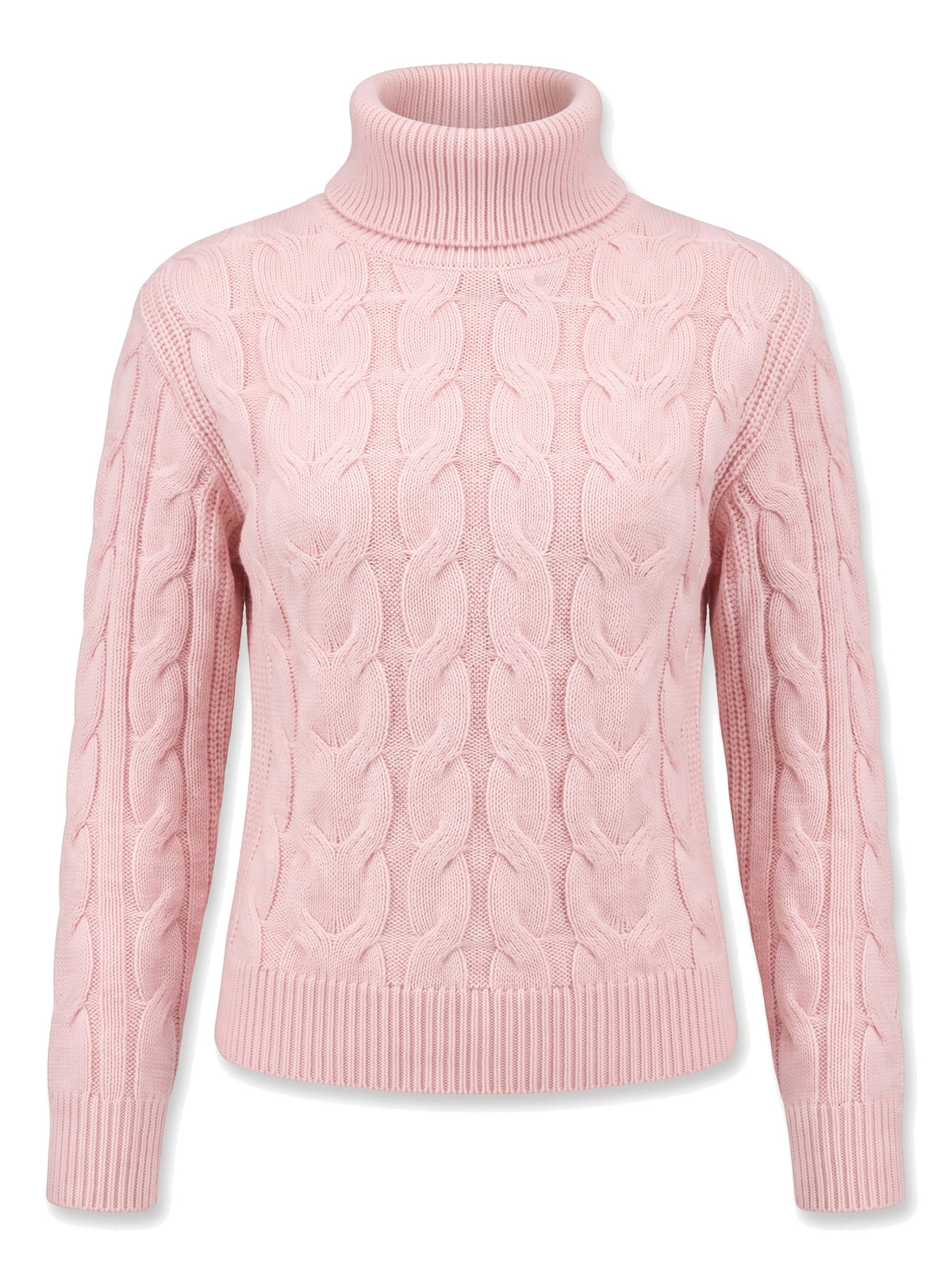 Light pink cable knit turtleneck jumper, ghost mannequin studio shot on white