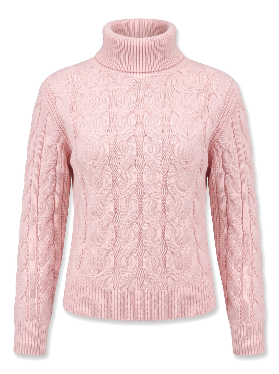 Light pink cable knit turtleneck jumper, ghost mannequin studio shot on white