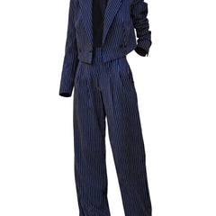 Women's navy pinstripe notch-lapel blazer and wide-leg trouser set