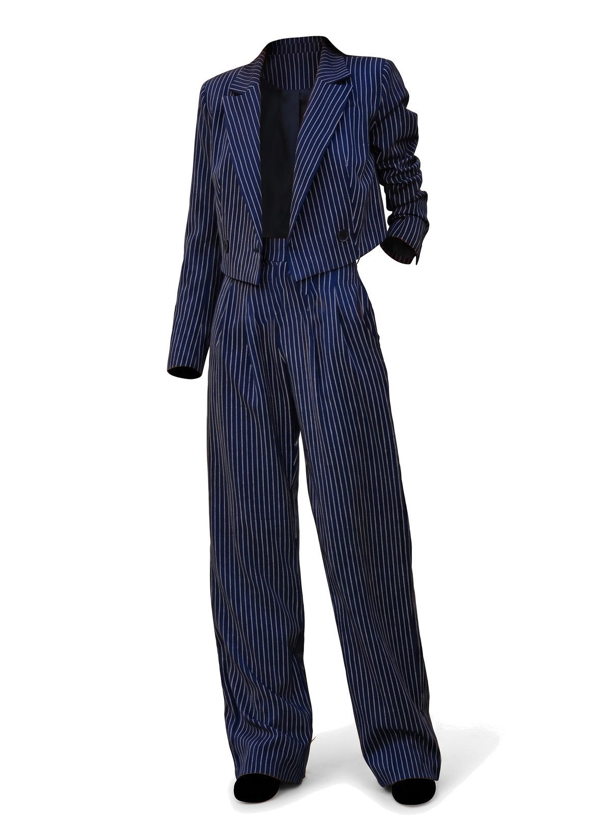 Women's navy pinstripe notch-lapel blazer and wide-leg trouser set
