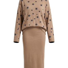 Women's star print two-piece jumper and midi skirt set in khaki