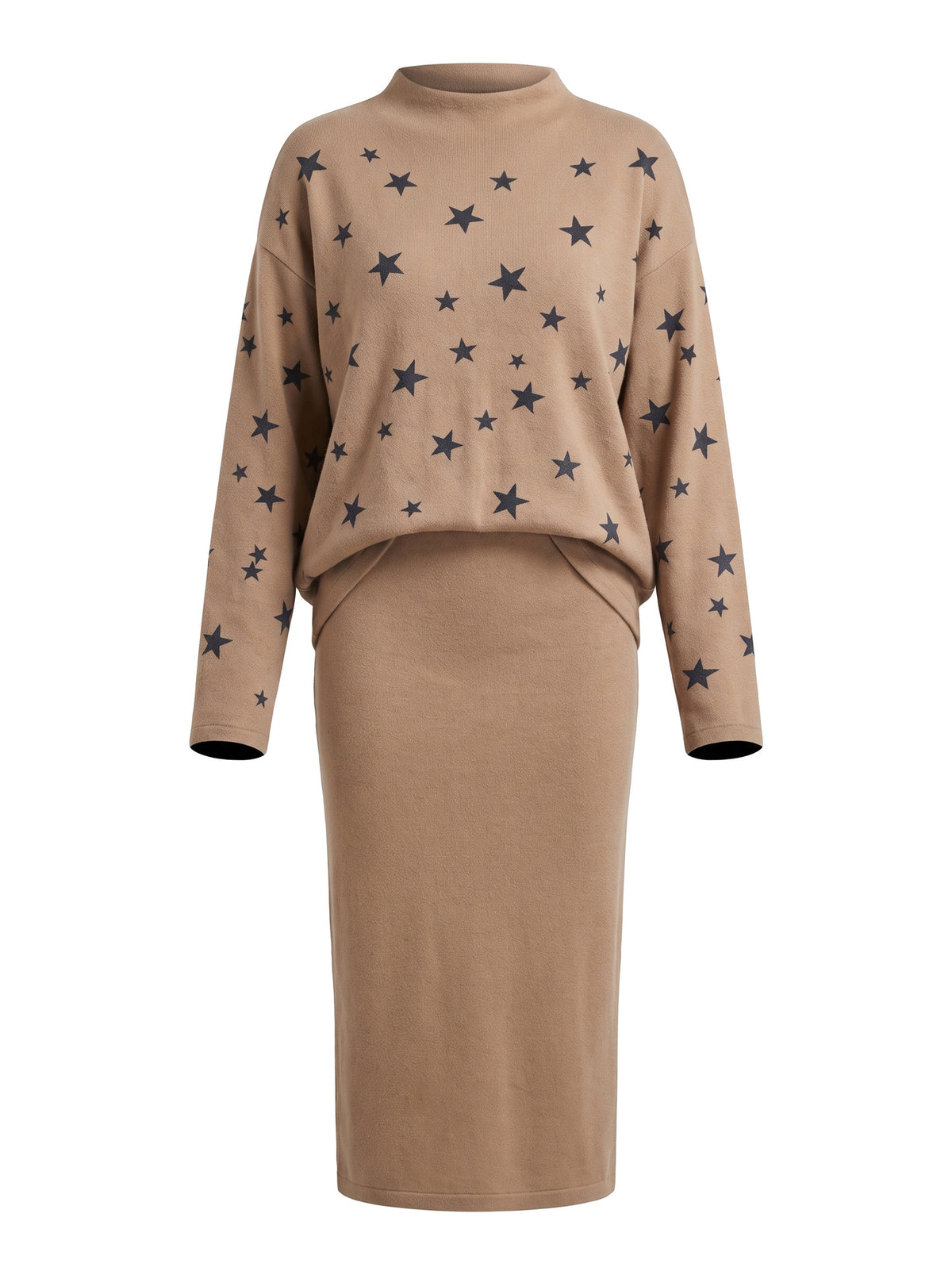 Women's star print two-piece jumper and midi skirt set in khaki