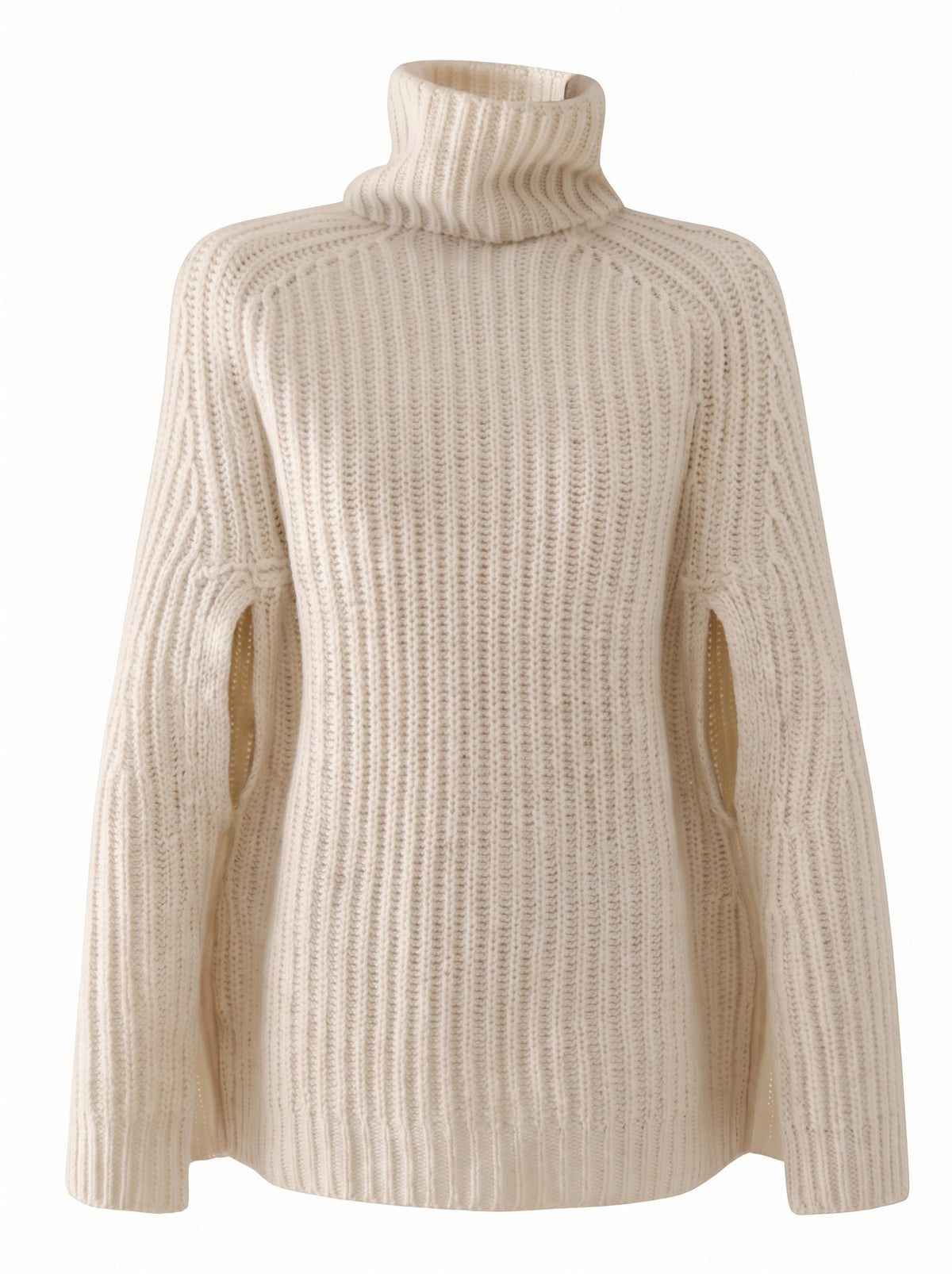 Cream cape-sleeve turtleneck jumper ghost mannequin product shot