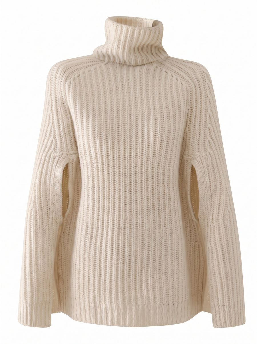 Cream cape-sleeve turtleneck jumper ghost mannequin product shot