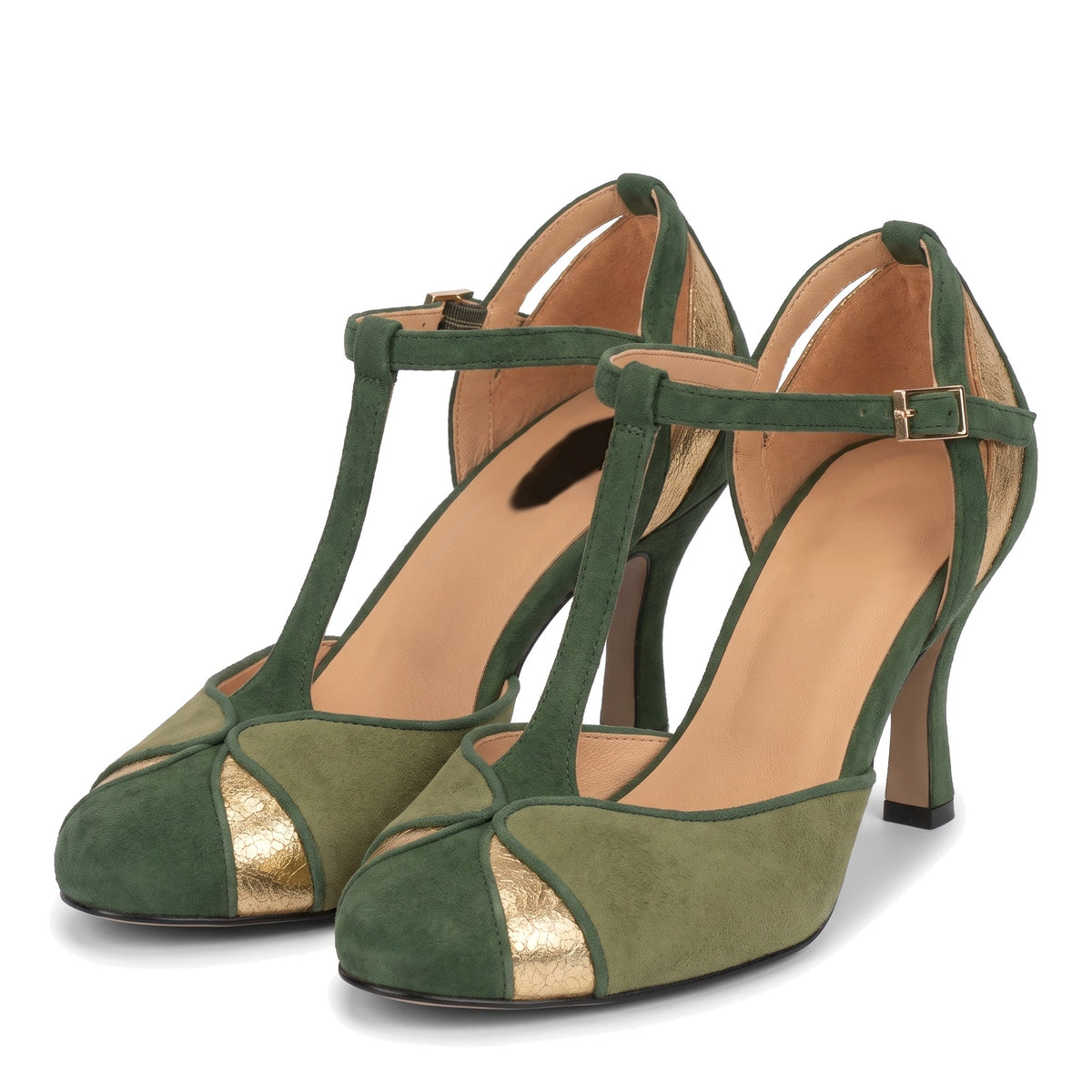 Women's metallic-accent T-strap kitten heels in green suede with gold trim