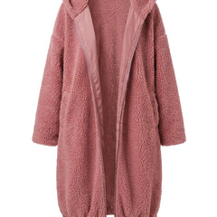 Women's oversized hooded teddy coat in dusty pink, ghost mannequin studio shot