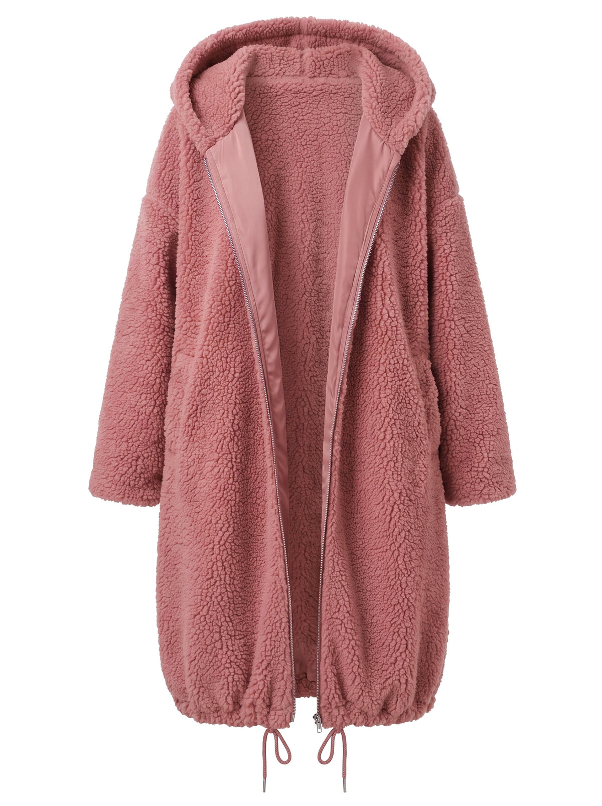 Women's oversized hooded teddy coat in dusty pink, ghost mannequin studio shot