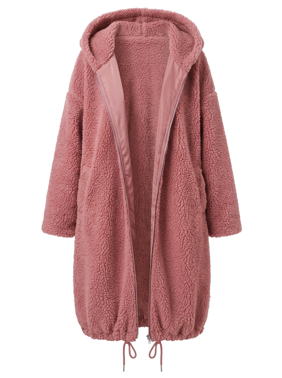 Women's oversized hooded teddy coat in dusty pink, ghost mannequin studio shot