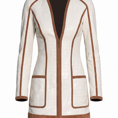 Cream croc-embossed color-block mini dress with tan suede trim, ghost mannequin studio shot
