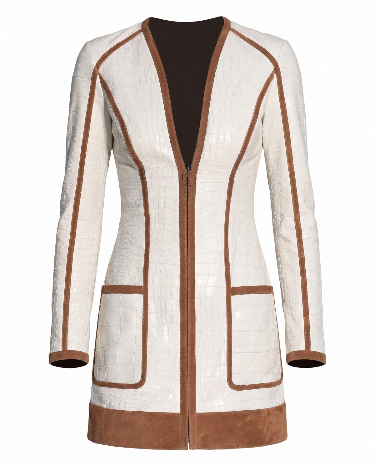 Cream croc-embossed color-block mini dress with tan suede trim, ghost mannequin studio shot