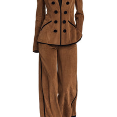Cognac brushed faux suede double-breasted blazer and wide-leg trouser set