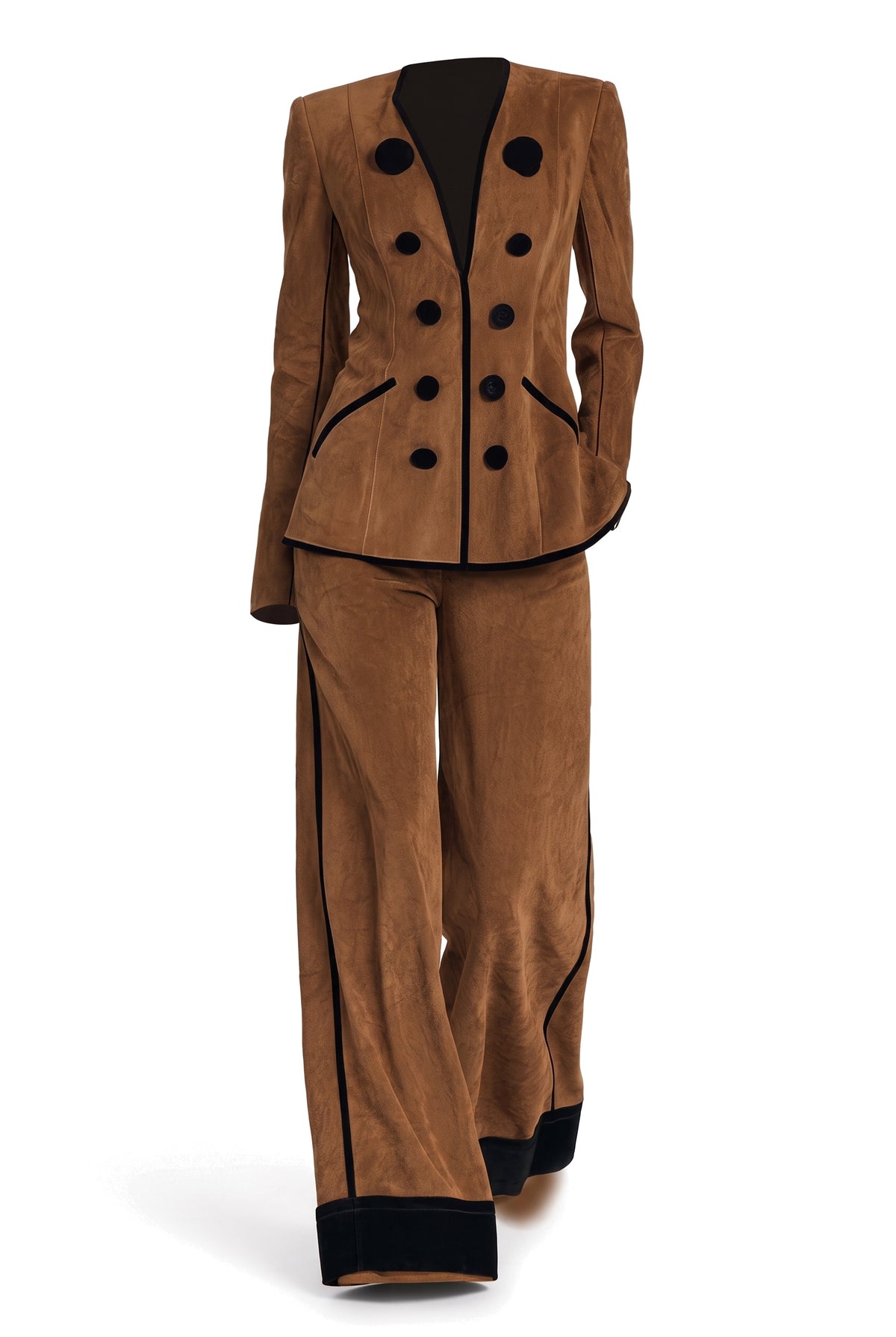 Cognac brushed faux suede double-breasted blazer and wide-leg trouser set