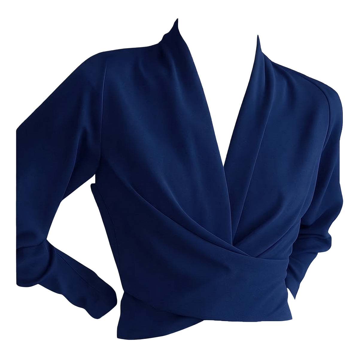 Navy satin wrap V-neck blouse ghost mannequin studio shot
