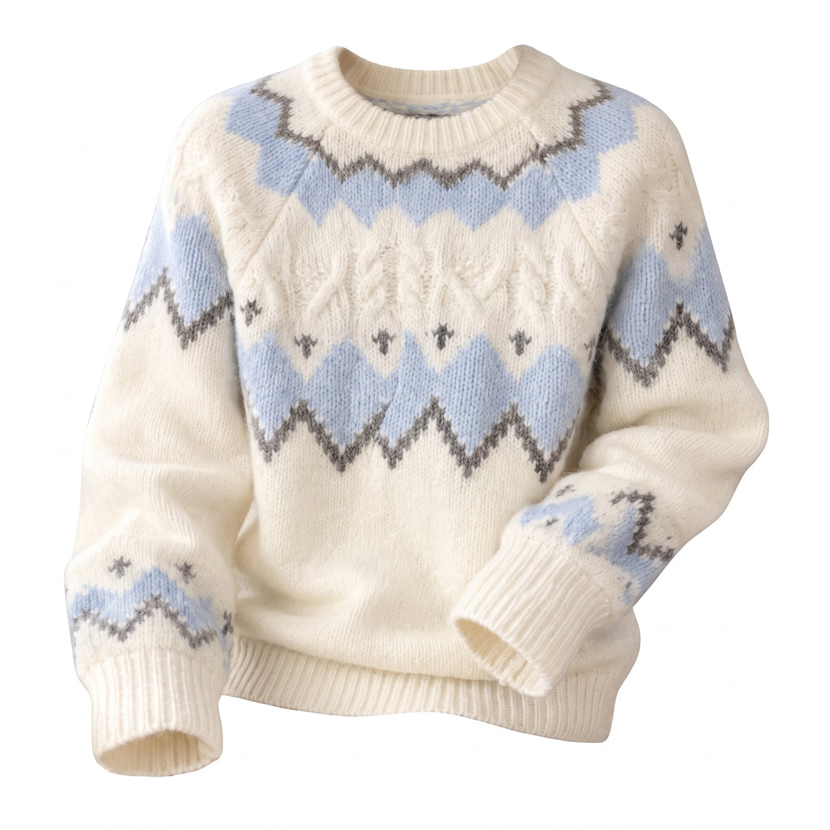 Frida-Zelda Women's Fair Isle Cable-Knit Sweater in cream with light blue zigzag yoke