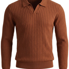 Rhea-Louisa ribbed open-collar knit shirt in rust brown, ghost mannequin studio shot