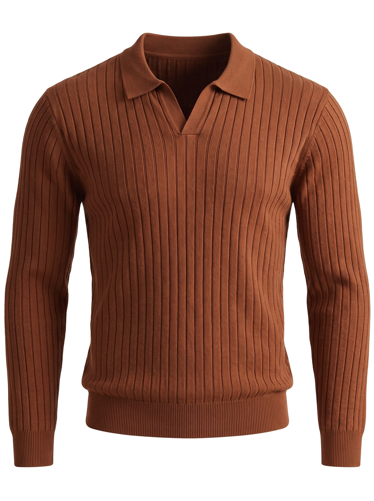 Rhea-Louisa ribbed open-collar knit shirt in rust brown, ghost mannequin studio shot