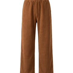Women's wide-leg fleece-lined lounge pants in ginger brown, ghost mannequin studio shot
