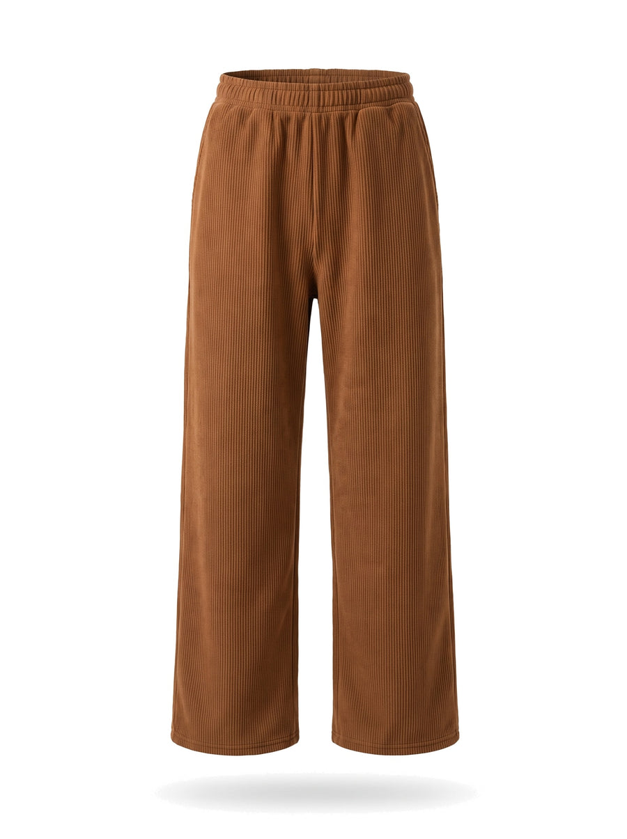 Women's wide-leg fleece-lined lounge pants in ginger brown, ghost mannequin studio shot