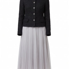 Black tweed jacket and pleated grey tulle midi skirt set, ghost mannequin product shot