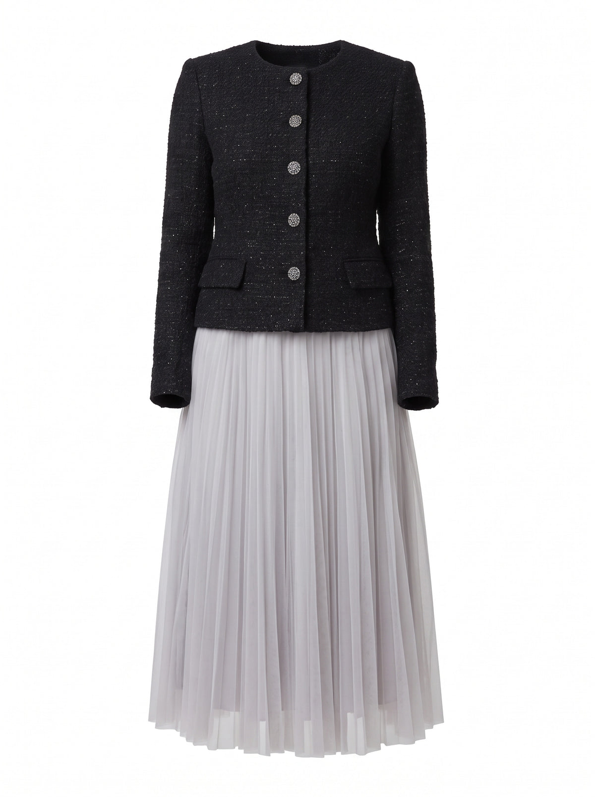Black tweed jacket and pleated grey tulle midi skirt set, ghost mannequin product shot