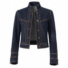 Cecile women's cropped contrast-stitch denim jacket, dark indigo, ghost mannequin studio shot