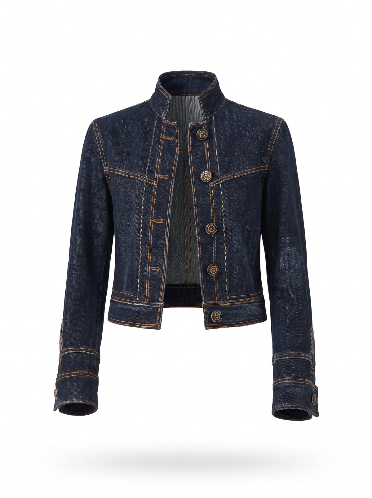 Cecile women's cropped contrast-stitch denim jacket, dark indigo, ghost mannequin studio shot