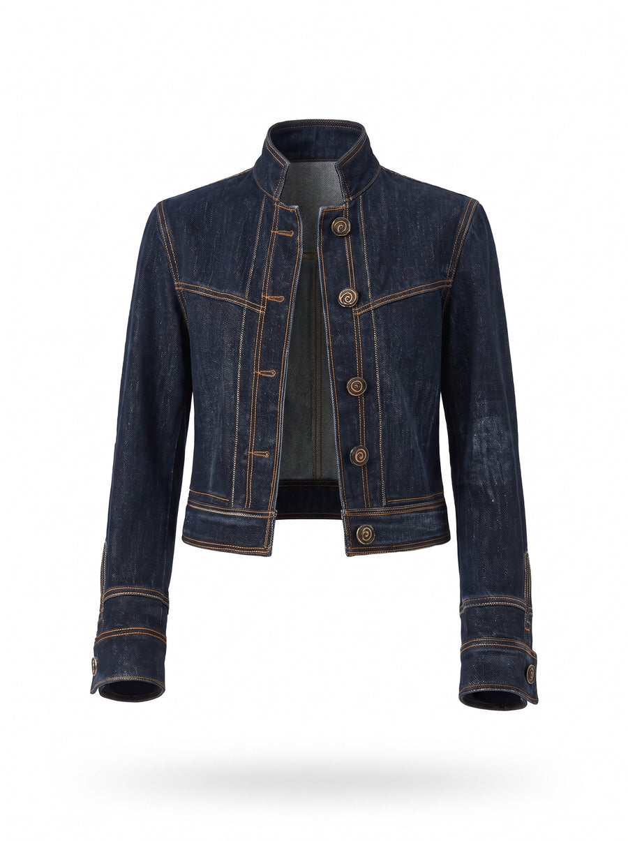 Cecile women's cropped contrast-stitch denim jacket, dark indigo, ghost mannequin studio shot