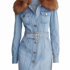 Zelda-Violet women's belted denim mini dress with faux fur collar