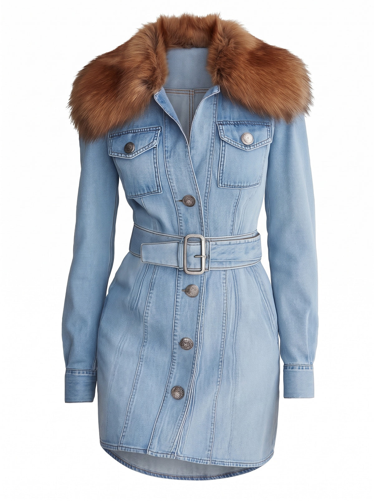 Zelda-Violet women's belted denim mini dress with faux fur collar