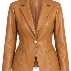 Camel structured faux leather blazer ghost mannequin product shot