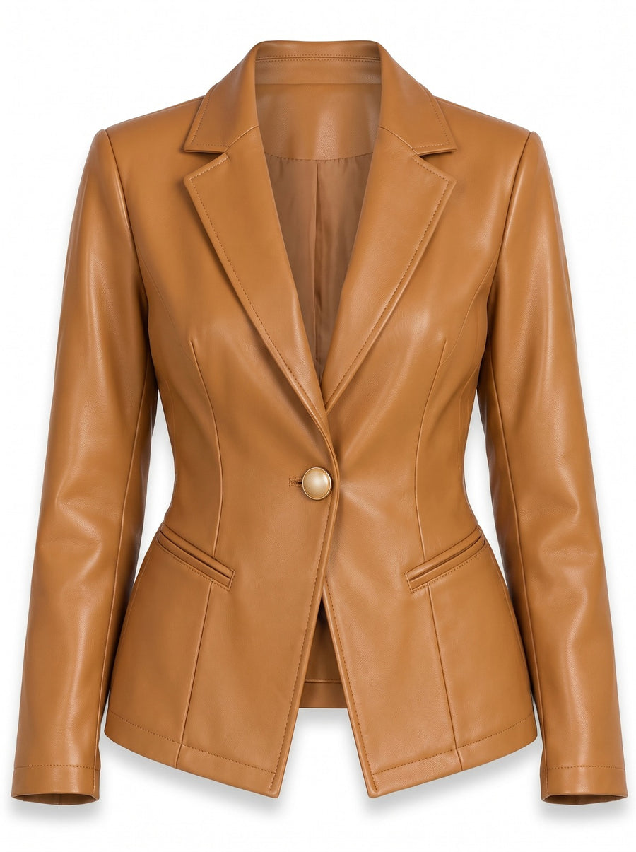 Camel structured faux leather blazer ghost mannequin product shot