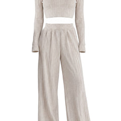 Violet-Nora women's ribbed knit wide-leg trouser co-ord set in oatmeal, ghost mannequin studio product shot