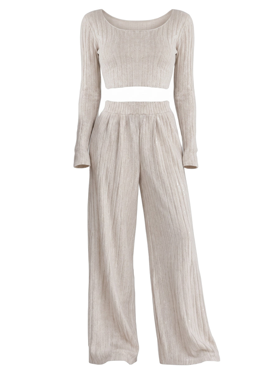 Violet-Nora women's ribbed knit wide-leg trouser co-ord set in oatmeal, ghost mannequin studio product shot