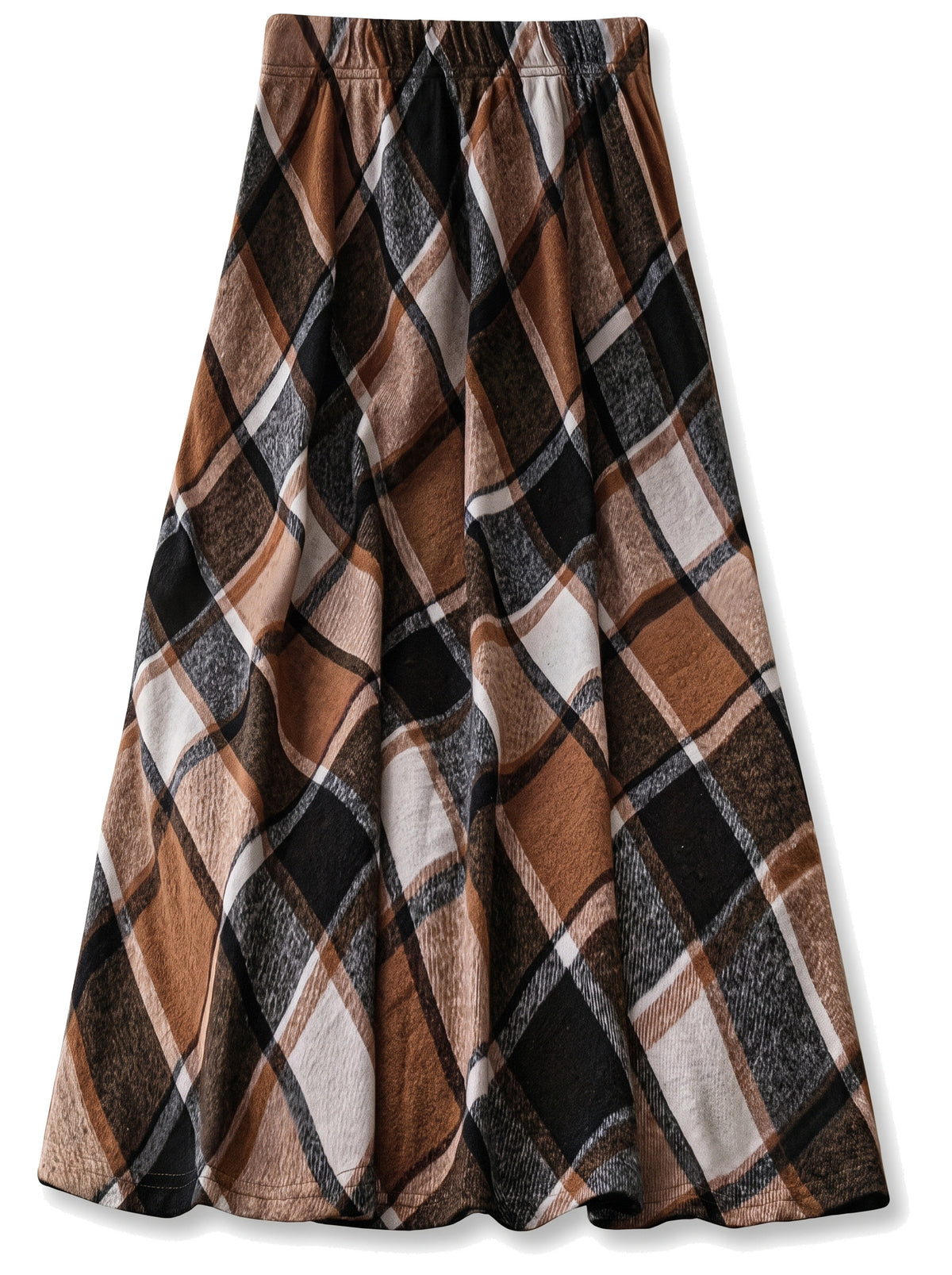 Women's pleated plaid maxi skirt in brown, black and cream
