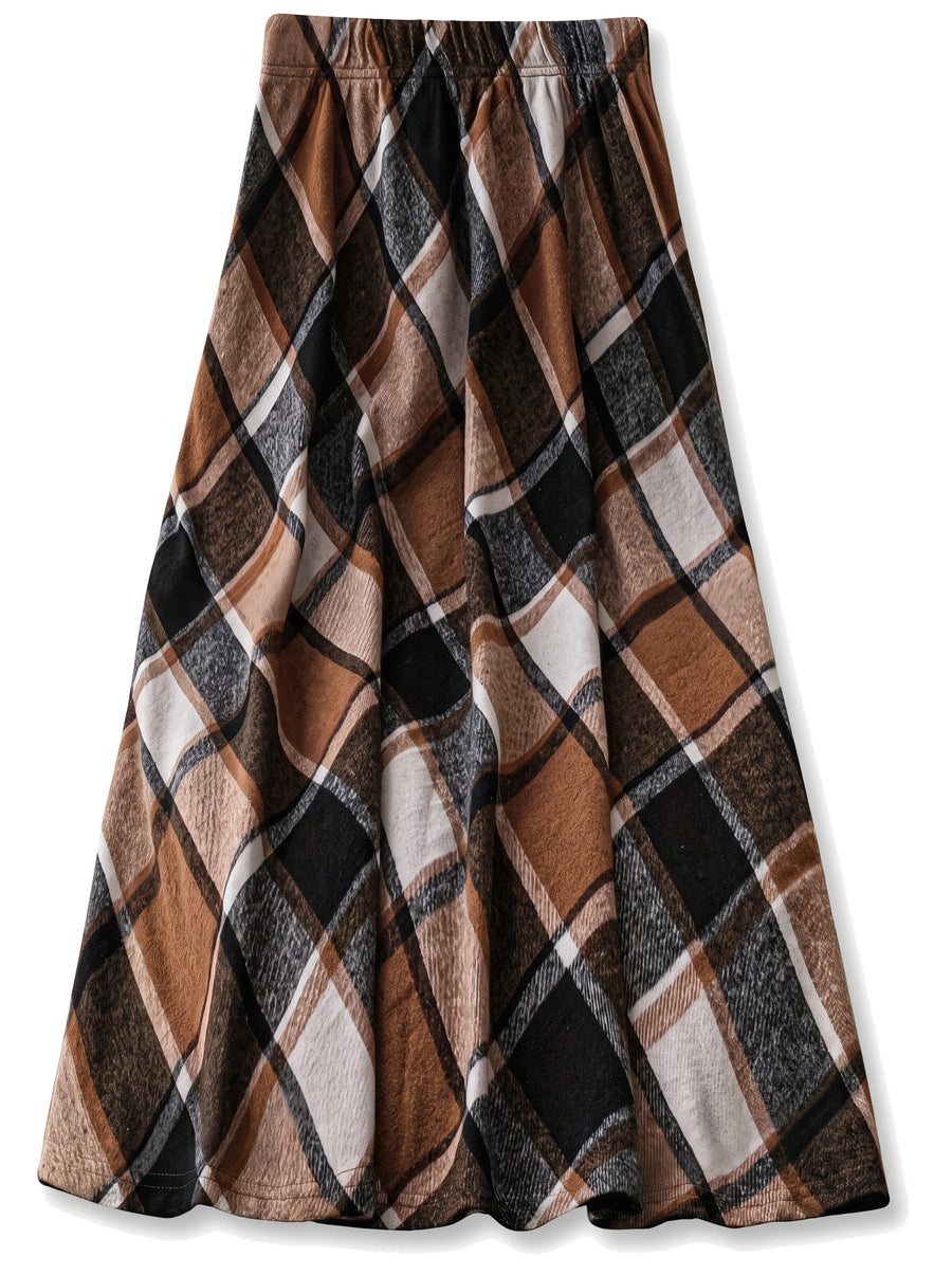 Women's pleated plaid maxi skirt in brown, black and cream