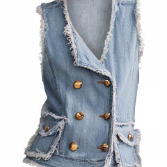 Women's frayed denim button-front vest, ghost mannequin studio shot