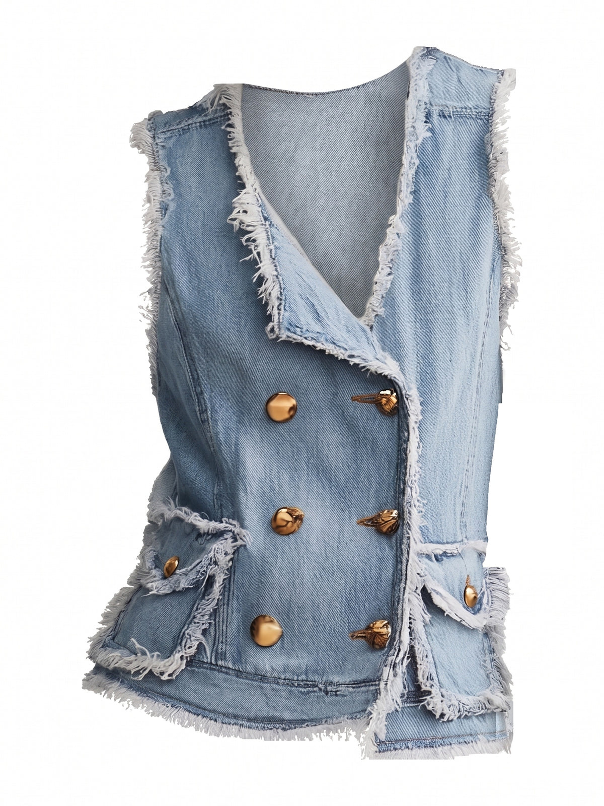 Women's frayed denim button-front vest, ghost mannequin studio shot
