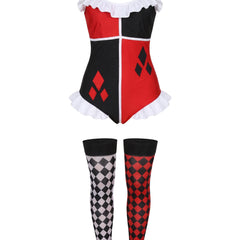 Red and black harlequin diamond print stretch bodysuit with matching thigh-high stockings, ghost mannequin studio shot