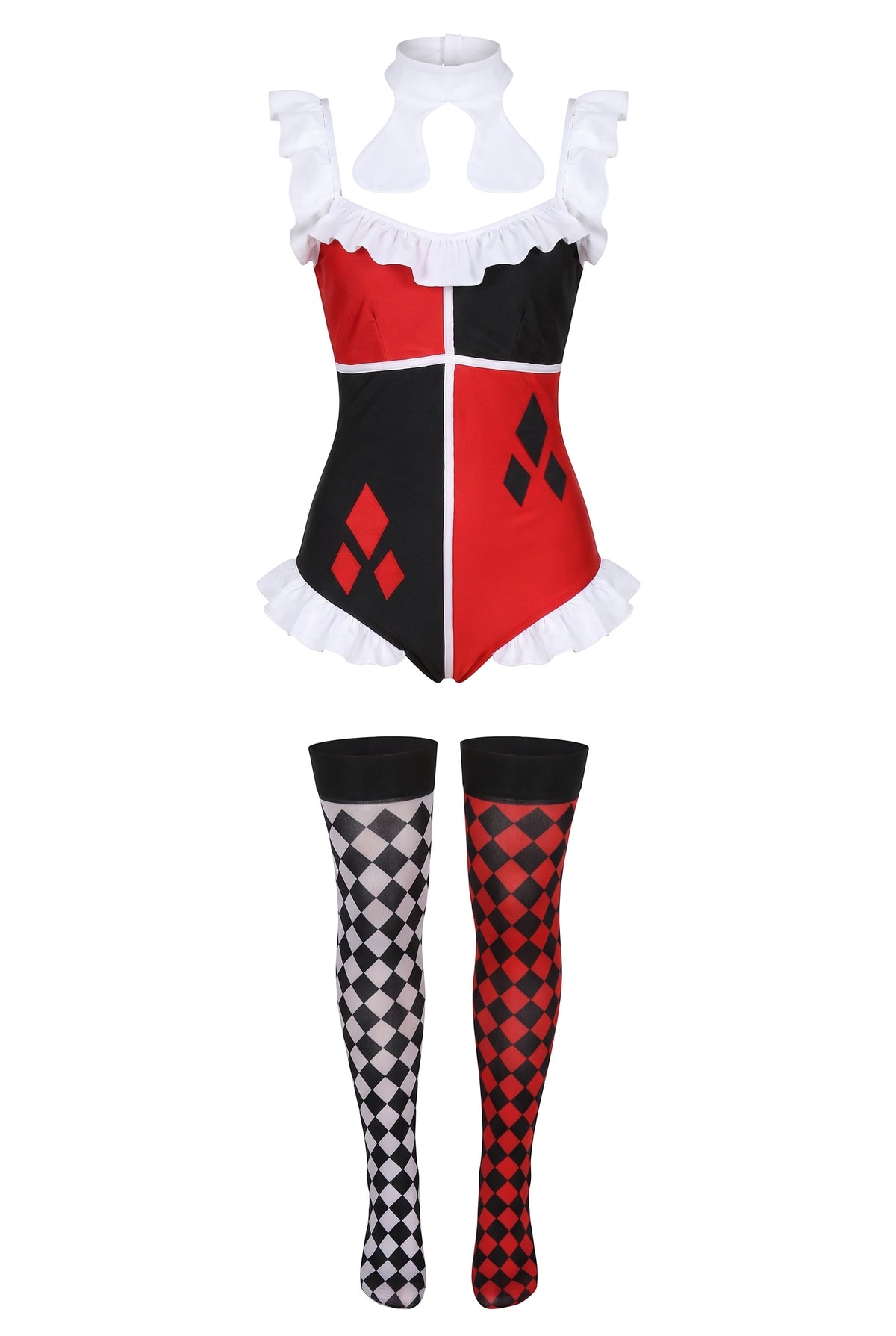 Red and black harlequin diamond print stretch bodysuit with matching thigh-high stockings, ghost mannequin studio shot