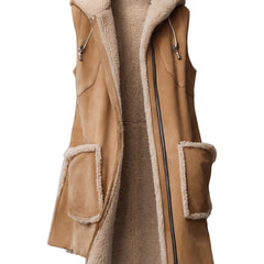 Women's hooded camel faux suede shearling-trim vest